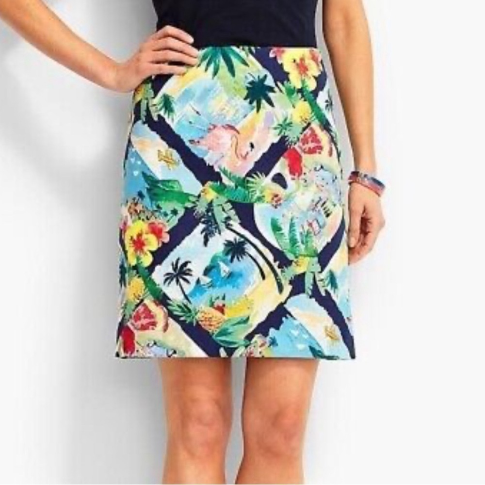 Talbots Navy Blue Tropical Flamingo Beach Sailboat Print Novelty Mini Zip Skirt